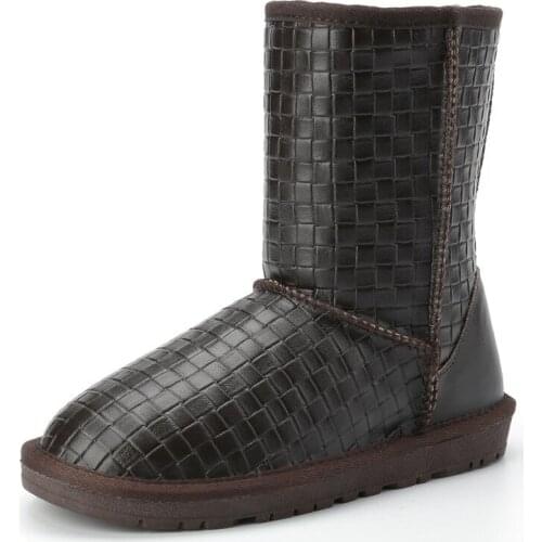 5825 Mid-barrel Snow Boots Mens Flat Bottom Anti-slip Leather Large Size Plus Thick Velvet Cotton Shoes Winter