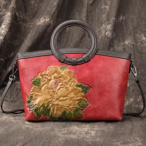 Luxury Handbags Women Tote Bag 2021 Summer New Floral Genuine Leather Retro Cowhide Handmade Embossing Shoulder & Crossbody Bags