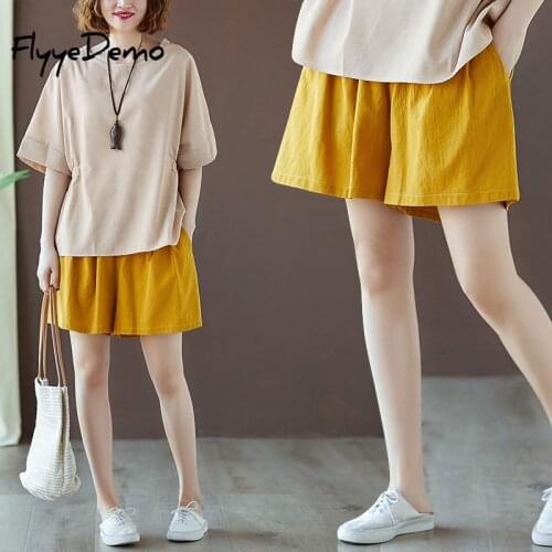 2020 Summer New Womens Cotton Linen Shorts Solid Elastic Waist Loose Casual Shorts Yellow Soft High Waisted Shorts For Women