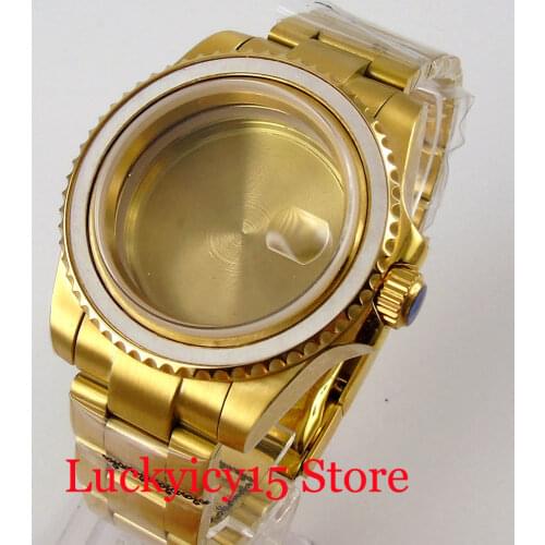 SUB 40mm All Yellow Gold Plated Automatic Watch Case fit NH35A Unidirectional Bezel Sapphire Glass Brushed Strap
