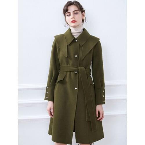 Womens Clothing 2021 Autumn New Army Green Shawl Lace Up Double Faced Wool Coat Tweed Coat