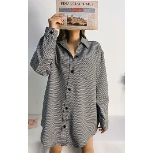 Early spring new fashion wild mid-length retro lapel houndstooth loose long-sleeved shirt jacket women