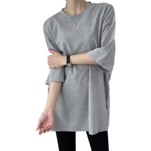 2021 GA Tees Women Spring Summer T-shirts Solid Multi Colors Loose Bottoming Half Sleeve Comfortable Minimalist Split Midi Tops