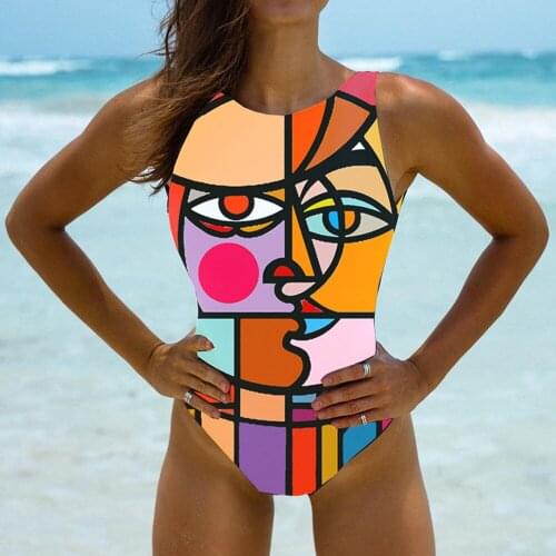 Women Fashion Abstract Print One-piece Swimsuit Sexy Bikini Waist Female Bodysuit Beachwear Brazilian Bathing Suits 2021 Bikinis