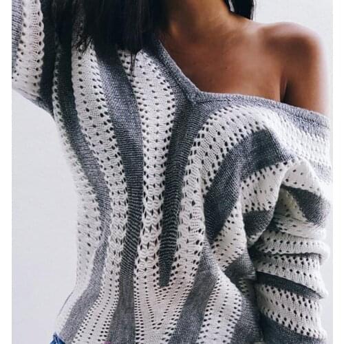 New 2020 Women V-Neck Knitted Sweater Women Long Sleeve Loose Stripe Knitting Casual Pullover Autumn Top Blouse Jumper Femme