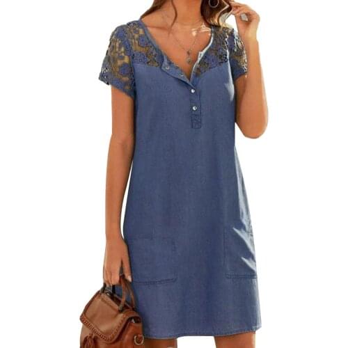 Plus size dress apparel Women Fashion Short Sleeve Lace Patchwork Buttons Pocket Knee-length Denim Dress