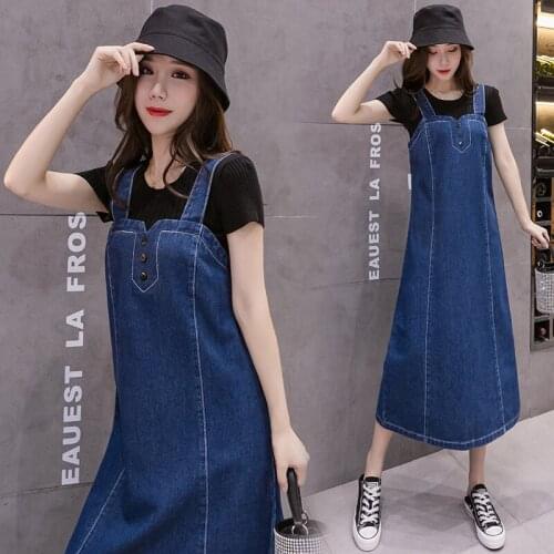 2021 Spring Summer New Women Jeans Dress Large Size 4XL 5XL Female Denim Suspenders Dress Loose Casual Long Robe Overalls Femme