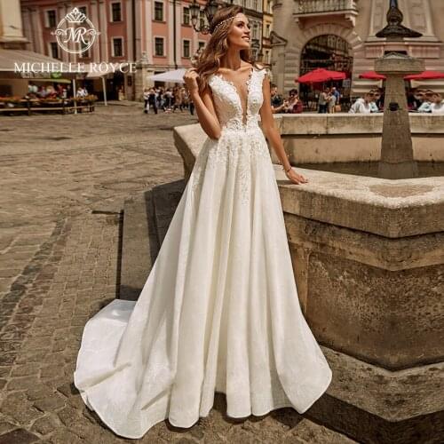 Michelle Royce A-Ling Wedding Dresses 2020 Sexy deep v-neckline Appliques Zipper Chapel Train Bridal Gowns Vestido De Noiva