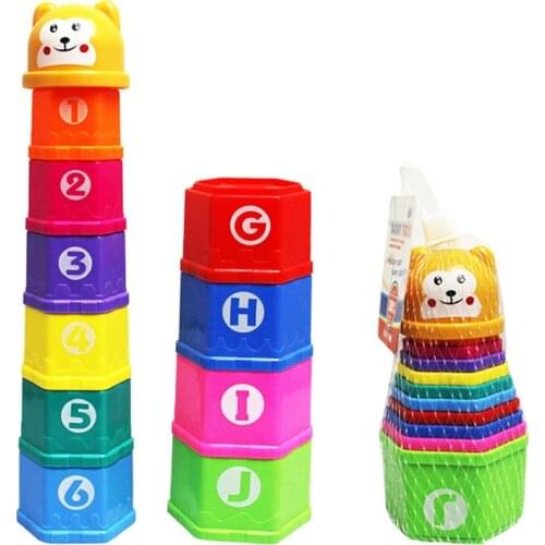 Mini Bear Stack Cup 9PCS Educational Baby Toys Rainbow color Figures Letters Folding Tower Children Early Intelligence Fun Toy