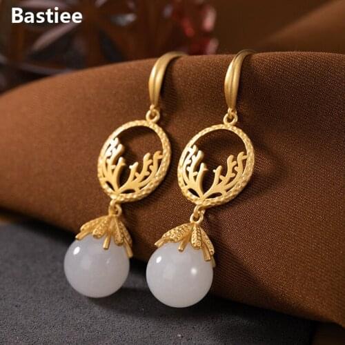 Bastiee Jade Beads Deer Antlers 925 Sterling Silver Drop Earrings For Women Dangle Jewelry Gold Plated Earings Christmas Gifts