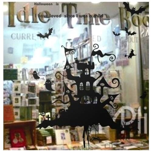 Happy Halloween Large Wall Stickers Castle Bat Ghost Cemetery Glass Decal Window Stickers Posters Vinyl