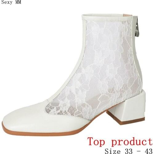 Summer Women Ankle Boots Med High Heels Woman Short Boots High Heel Shoes Genuine Leather Small Plus Size 33 - 40 41 42 43