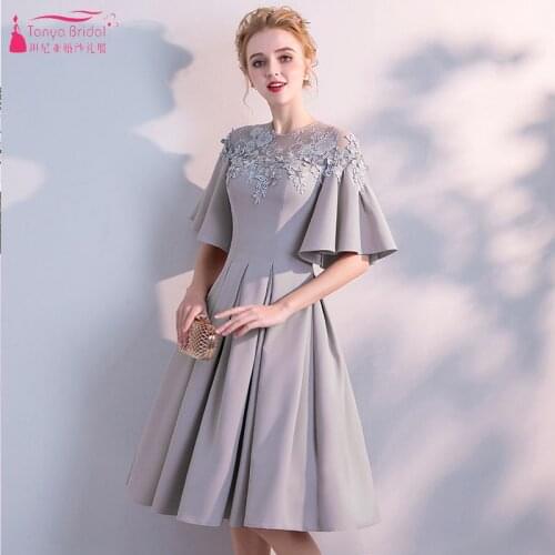 Deep Silver Homecoming Dresses Knee Length Soft Satin Lace Appliques Teens Party Gowns Cocktail Club Wear ZB060