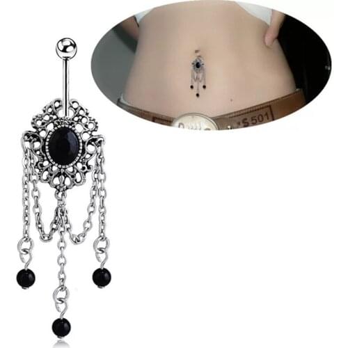 New Surgical Steel Black Rhinestone Tassel Dangle Navel rings Crystal Navel Bars Belly Button Ring Navel Piercing Jewelry