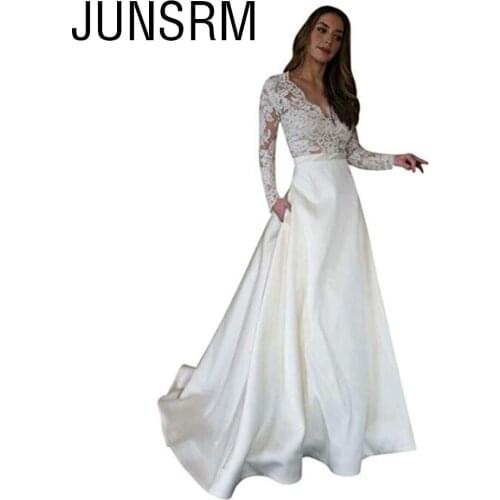 A Line Lace Appliques Satin Wedding Dresses With Pockets 2019 V Neck Sweep Train Wedding Bridal Gowns Free Shipping