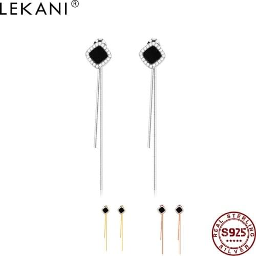 LEKANI Long Tassel 925 Sterling Silver Drop Earrings For Women Geometry Square Agate Gold Color Earring Luxury Jewelry Gift