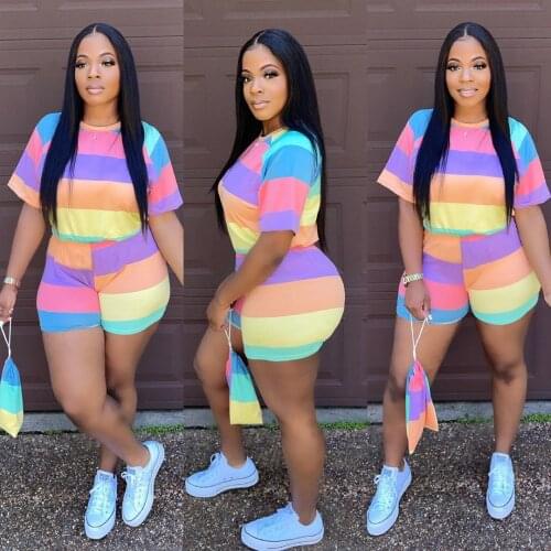 2021 Summer New Casual Two-Piece Fashion Sexy Womens Digital Printing Rainbow Two-Piece Casual Short-Sleeved Two-Piece Shorts