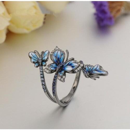Trendy Blue Enamel Butterfly Rings for Women Wedding Party Personality Design Boho Crystal Silver Color Finger Ring Jewelry Gift