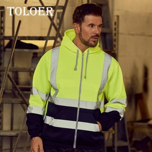 Fashion Mens Reflective Hoodies Long Sleeve Casual Hip-Hop Loose Sweatshirt Tops Blouse Road Work High Visibility Pullover 4XL