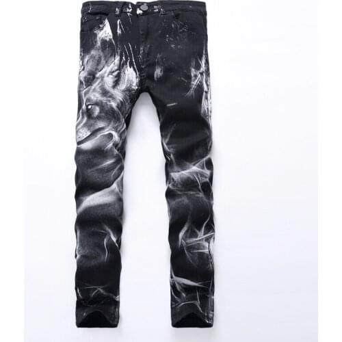 The Trend of Men 's Personality Wolf Head 3D Pattern Printing Elastic Slim Jeans Youth Painted Flower Pants Black