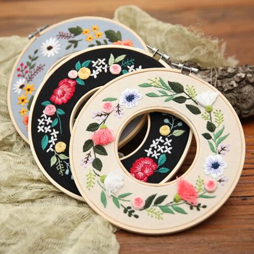 3D Flower Wreath Unfinished Embroidery Kit Painting Needlework Cross Stitch Set Beginner Hand-stitched Material Package Hoop