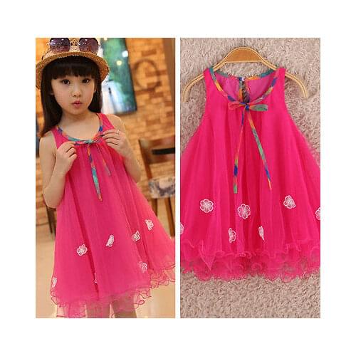 2017 New Beautiful Kids Girls Clothes Dresses Sleeveless Bow Summer Cool Floral Birthday Party Dress Beach 2 3 4 5 6 7 Years