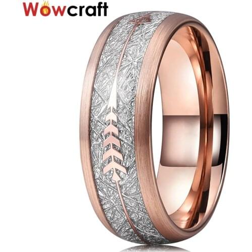 8mm Rose Gold Wedding Bands Tungsten Carbide Rings for Men Women Brushed Finish Domed Meteorite Arrow Inlay Comfort Fit