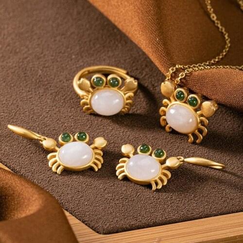 Original Craft S925 Sterling Silver Gilding Hetian Jade Personality Crab Set High-End Womens Earrings Eardrops Ring Set