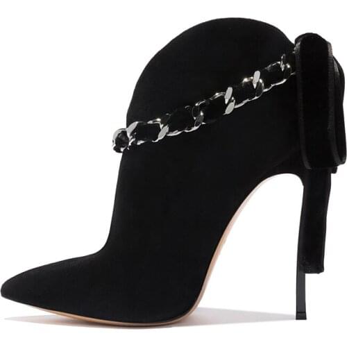 Autumn 10CM High Heels Ankle Boots Woman Chain Pink Winter Boots Pointed Toe 12CM Ankle Bootie Back Bowtie