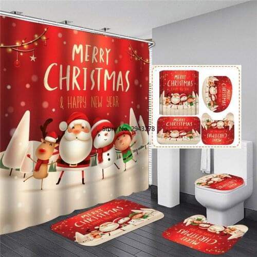 Christmas Santa Claus Shower Curtain New Year Bathroom Decoration Waterproof Bathtub Curtains Non-Slip Toilet Cover Bath Mat Set