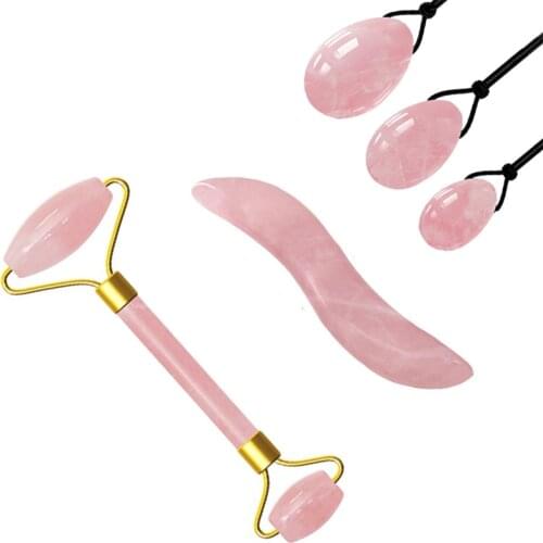 Rose Quartz Jade Roller Crystal Stone Guasha Board Yoni Egg Set Facial Lifting Massager Roller Kegel Exerciser Massager Balls