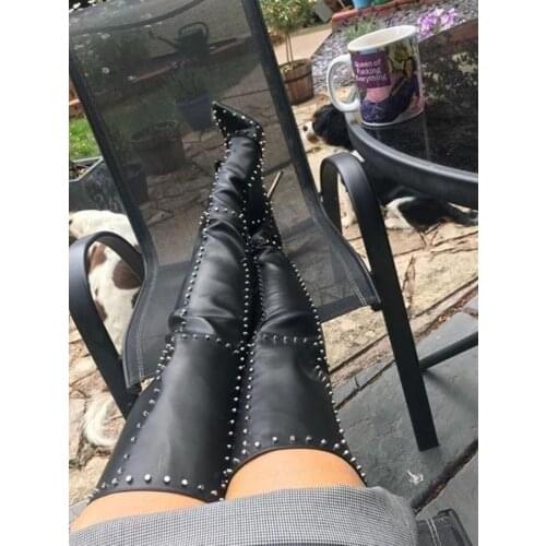 Rivet Over Knee Boots Thin High Heel Black Leather Pointed Toe Stiletto Heel Winter Women Boots Runway Dress Boots