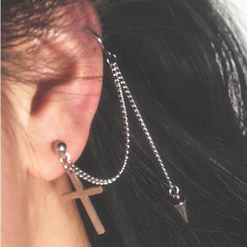 1 Pcs New Arrival Punk Fake Piercing Cartilage Clip On Earrings Ear Cuff Small Cross Hoop Earrings with Chain Studs Single Ear