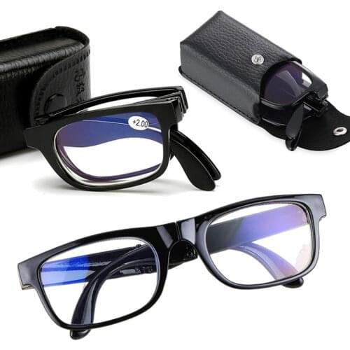 Foldable Reading Glasses Unisex Portable Mini Lightweight Clear Anti Blue Light Presbyopic Glasses Full Frame Black with Case