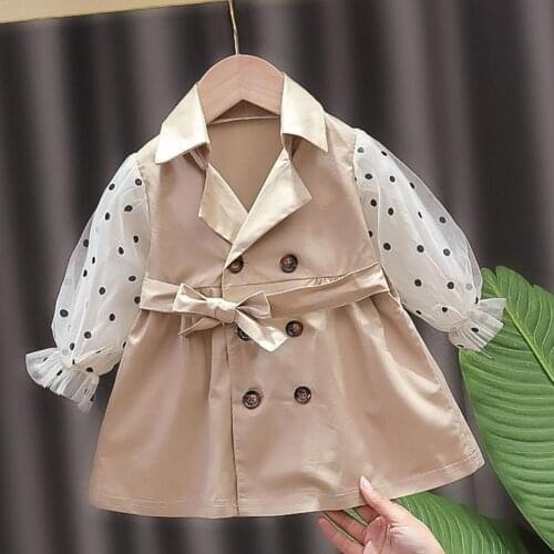 Girls A-Line Dress Black Dot Double-breasted Gauze Lapel Dress Jacket for School Kid Waistband Design Daily Skirt Birthday Gifts