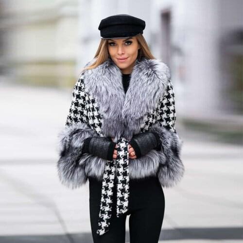 Fur Coat Women Jacket With Real Silver Fox Fur Trims 2021 Autumn Winter Fashion Fur Outwear High Quality