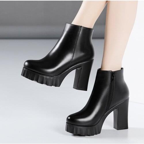 Plus Size 32-43 Block Heel Platform Boots Ladies Shoes 2021 Fall Winter High Heels Boots Women Plush Ankle Boots Fashion Booties
