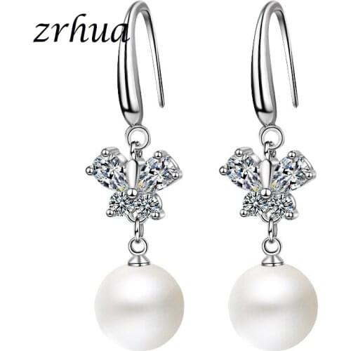 ZRHUA High Quality Long White Pearl Dangle Earrings for Women Elegant Butterfly Jewelry Bride Retro 925 Silver Drop Brincos