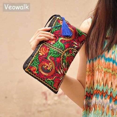 Veowalk Chinese Dragon Embroidered Women Soft Canvas Clutch Bag, Handmade Retro Ladies Zip Up Cotton Embroidery Wrist Handbag