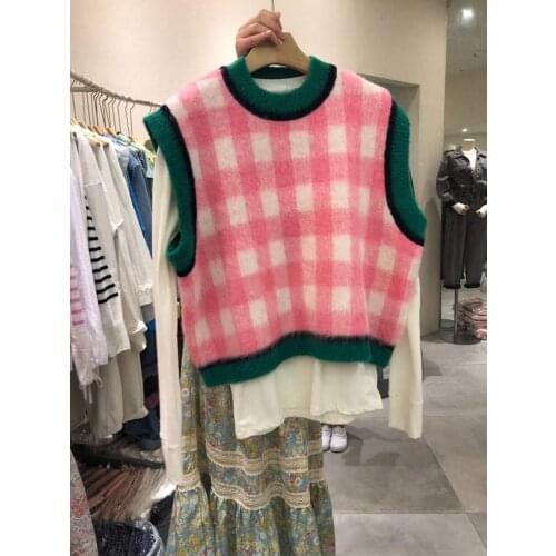 Chaleco Mujer Korean Chic Autumn Contrast O Neck Sweater Vest Plaid Wild Fashion Sweet Preppy Chalecos Para Mujer Sleeveless