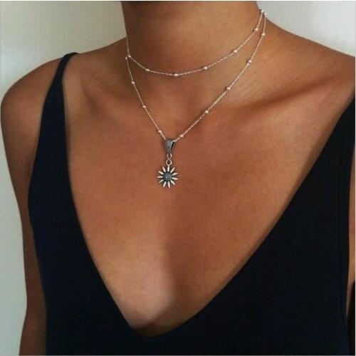 Sexy two layer necklace bead chain choker sunflower alloy accessoy slide pendant silver plated women gift