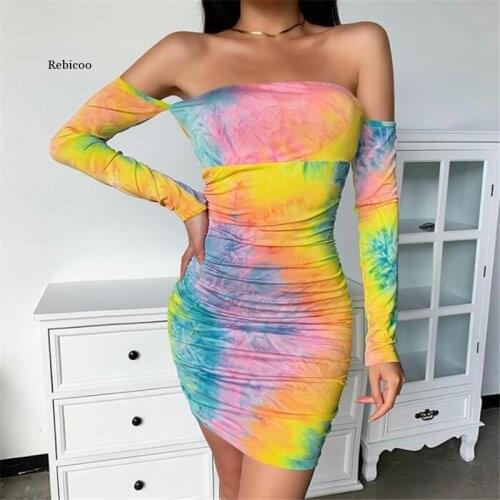 Women Off Shoulder Tie Dye Ruched Mini Dress Bodycon Bandage Elegant Party Sexy Club Autumn Winter Clothes Dress Streetwear