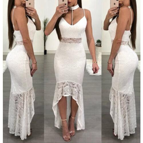 2019 Fashion Summer Women Formal Wedding Evening Party Ball Prom Gown Long Sleeveless White Solid Lace Dress