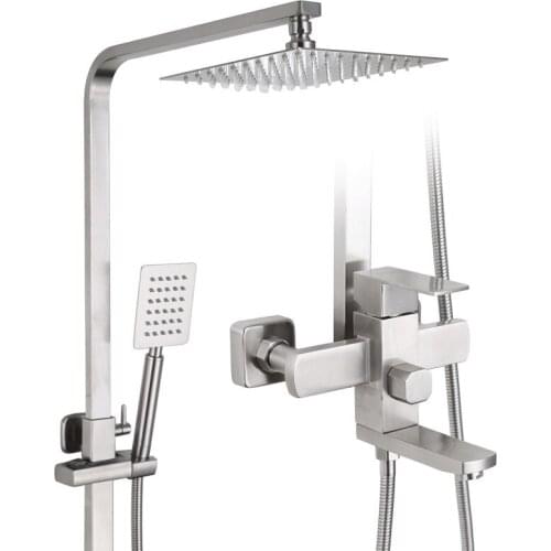 304 stainless steel lift bathroom shower set square supercharged top spray brushed wall hanging shower faucet