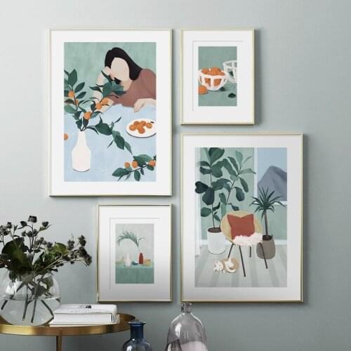 Abstract Girl Fruit Chair Cat Leaf Plant Wall Art Print Paper Canvas Painting Nordic Poster Wall Pictures For Living Room Decor