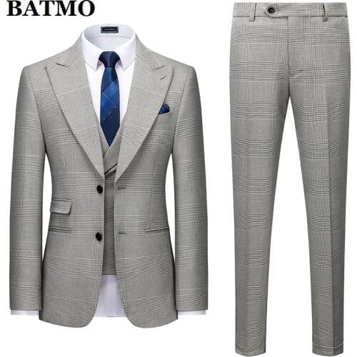 BATMO 2021 new arrival spring plaid casual suits men,mens wedding dress,jackets+pants+vest 618