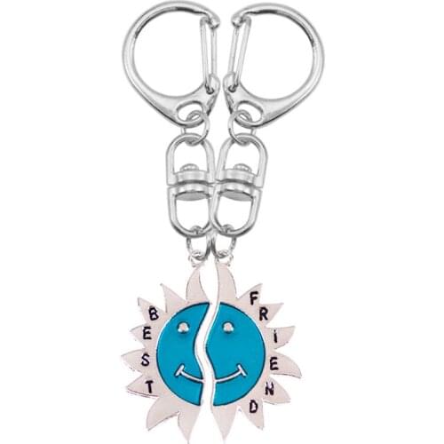 BFF 2 Piece Set Creative Keychain Fashion Sunny Smiley Good Friend Blue Stitching Pendant Men And Women Friendship Jewelry Gift