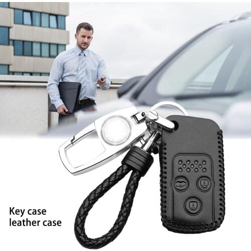 Black Leather Key Cover Practical Key Case For Honda Civic Black Leather Keychain Universal Hand-threaded Key Cover