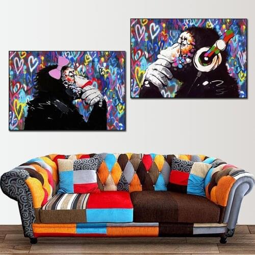 Graffiti Watercolour Monkey Couple Poster And Prints Abstract Funny Animal Canvas Wall Art Painting For Living Room Decoration