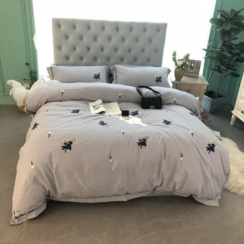 Perfect Grey Embroidered Soft Thicken Sanding Cotton Bedding set Queen King Flower Duvet cover Bed sheet set Pillowcases 4pcs